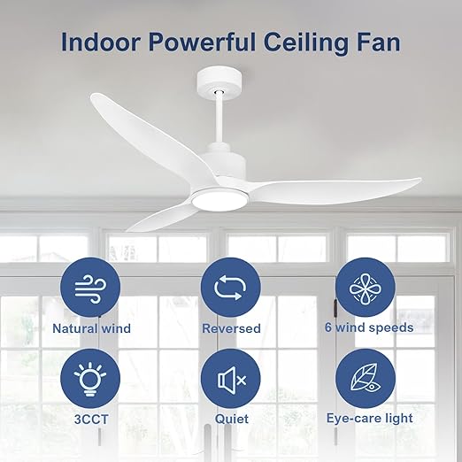 52 Inch Ceiling Fan with Lights and Remote, Morden White Ceiling Fan, Quiet Reversible Motor, Dimmable Light for Bedroom, Living Room, Dining room