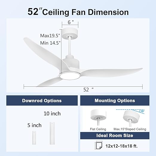 52 Inch Ceiling Fan with Lights and Remote, Morden White Ceiling Fan, Quiet Reversible Motor, Dimmable Light for Bedroom, Living Room, Dining room