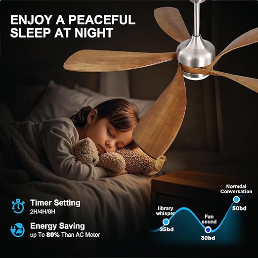 ARTPLAN 52" Ceiling Fan with Light - Remote Control, 6-Speed Quiet DC Motor, 3-Color Dimmable LED, Adjustable Height for Bedroom, Living Room & Large Spaces,Sakuragi