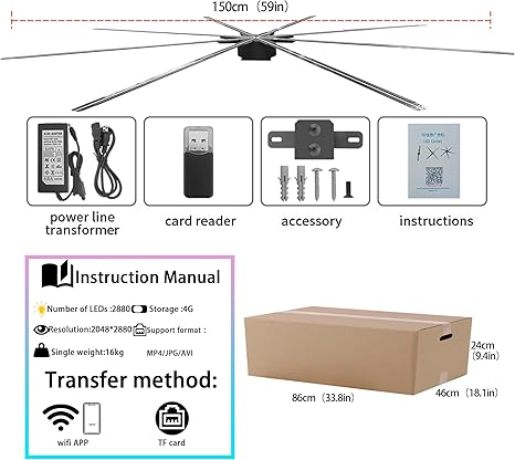 150CM (59-inch) Large 3D Hologram Fan – Commercial Advertising Display, 8-Blade LED Holographic Projector, WiFi & APP Control, Secure Flight Case Packaging