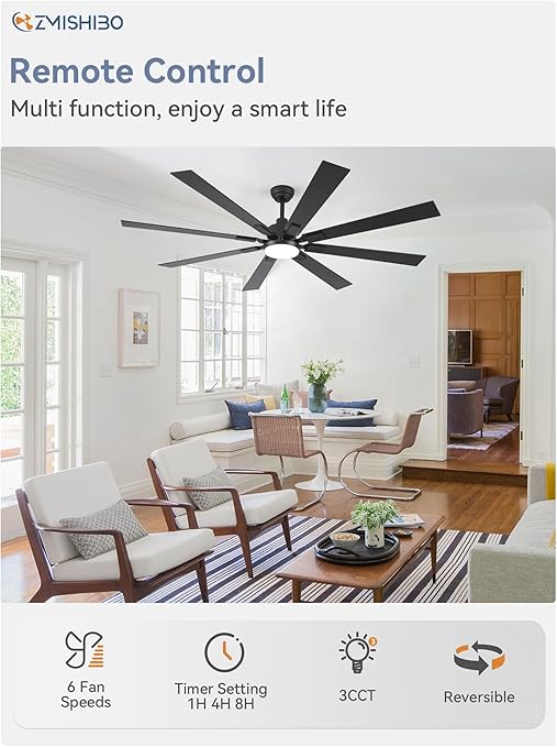 ZMISHIBO 72 inch Large Ceiling Fans with Lights and Remote, Indoor/Outdoor Black Modern Ceiling Fan for Kitchen Living Room Patio, 6 Speed Reversible Quiet DC Motor, 3 CCT, Dual Finish 8 Blades