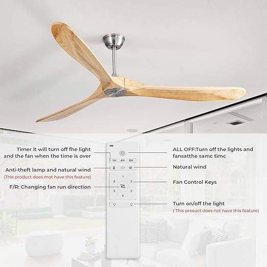 Ceiling Fan No Light, 72 Inch Natural Solid Wood Blades, 6 Speeds, Timer Function, Quiet Motor, Indoor Large Ceiling Fan for Living Room, Patio, Bedroom, Farmhouse Style