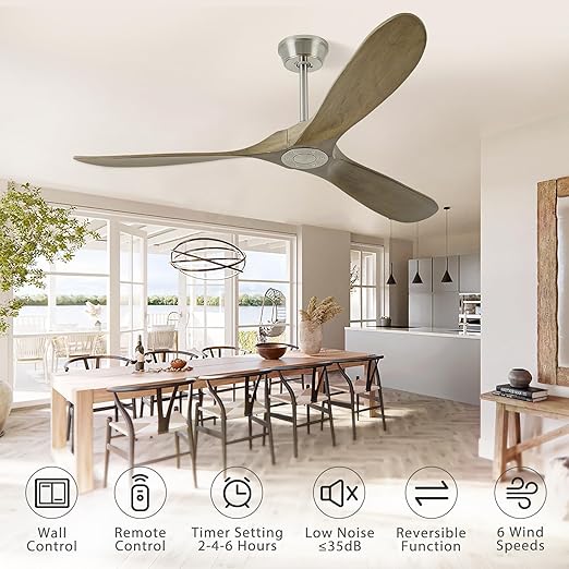 Ceiling Fan With Remote and Wall Control, 60 inch Wood Ceiling Fan with 3 Walnut Blades, 6 Speeds 3 Smart Timer Reversible DC Motor, Indoor/Outdoor Farmhouse Ceiling Fan for Bedroom Patios