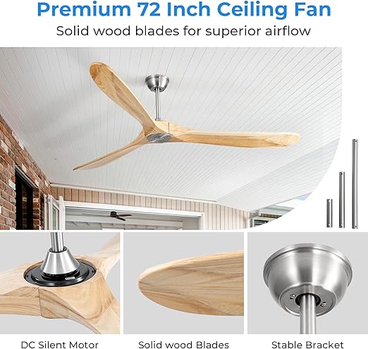 Ceiling Fan No Light, 72 Inch Natural Solid Wood Blades, 6 Speeds, Timer Function, Quiet Motor, Indoor Large Ceiling Fan for Living Room, Patio, Bedroom, Farmhouse Style