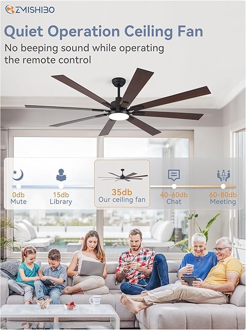ZMISHIBO 72 inch Large Ceiling Fans with Lights and Remote, Indoor/Outdoor Black Modern Ceiling Fan for Kitchen Living Room Patio, 6 Speed Reversible Quiet DC Motor, 3 CCT, Dual Finish 8 Blades