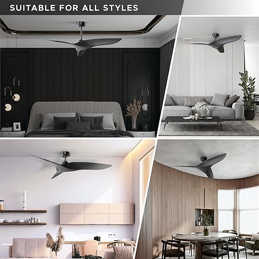 ARC 52 Inch Modern Black Ceiling Fan with Remote, No Light, Reversible 3 Blades, DC Motor