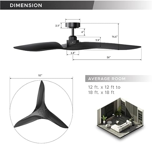 ARC 52 Inch Modern Black Ceiling Fan with Remote, No Light, Reversible 3 Blades, DC Motor