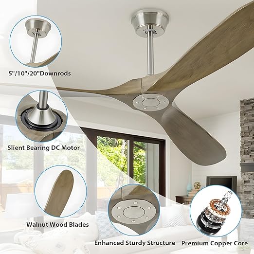 Ceiling Fan With Remote and Wall Control, 60 inch Wood Ceiling Fan with 3 Walnut Blades, 6 Speeds 3 Smart Timer Reversible DC Motor, Indoor/Outdoor Farmhouse Ceiling Fan for Bedroom Patios