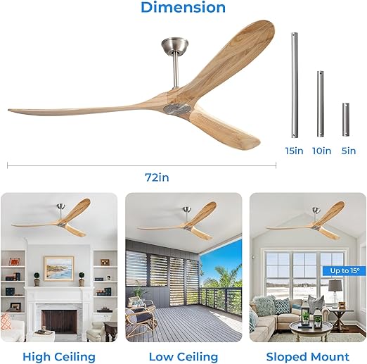 Ceiling Fan No Light, 72 Inch Natural Solid Wood Blades, 6 Speeds, Timer Function, Quiet Motor, Indoor Large Ceiling Fan for Living Room, Patio, Bedroom, Farmhouse Style