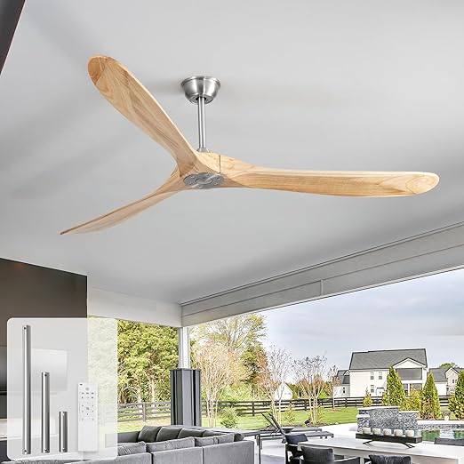 Ceiling Fan No Light, 72 Inch Natural Solid Wood Blades, 6 Speeds, Timer Function, Quiet Motor, Indoor Large Ceiling Fan for Living Room, Patio, Bedroom, Farmhouse Style