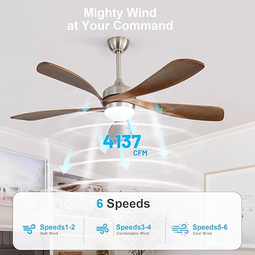 ARTPLAN 52" Ceiling Fan with Light - Remote Control, 6-Speed Quiet DC Motor, 3-Color Dimmable LED, Adjustable Height for Bedroom, Living Room & Large Spaces,Sakuragi