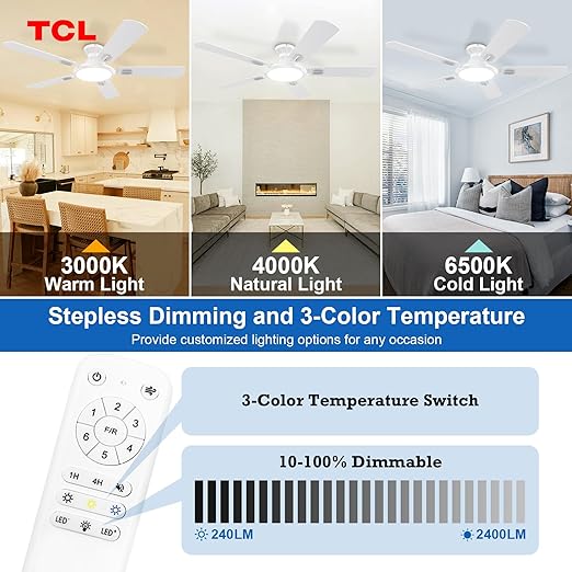 TCL Noiseless Ceiling Fans with Lights, DC Reversible Motor, 6 Speeds