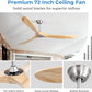 Ceiling Fan No Light, 72 Inch Natural Solid Wood Blades, 6 Speeds, Timer Function, Quiet Motor, Indoor Large Ceiling Fan for Living Room, Patio, Bedroom, Farmhouse Style