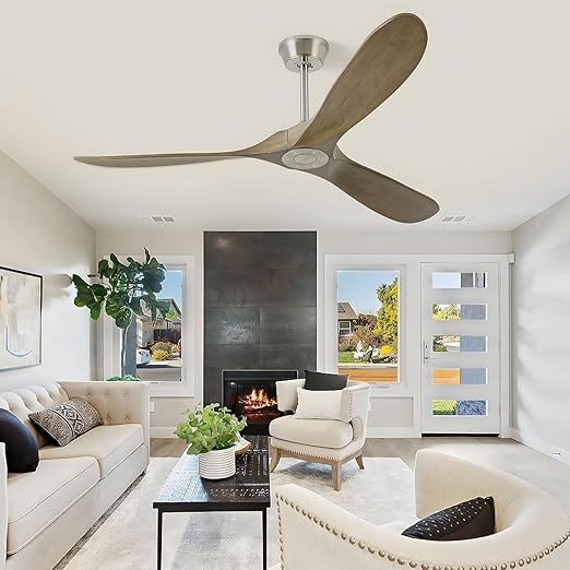 Ceiling Fan With Remote and Wall Control, 60 inch Wood Ceiling Fan with 3 Walnut Blades, 6 Speeds 3 Smart Timer Reversible DC Motor, Indoor/Outdoor Farmhouse Ceiling Fan for Bedroom Patios