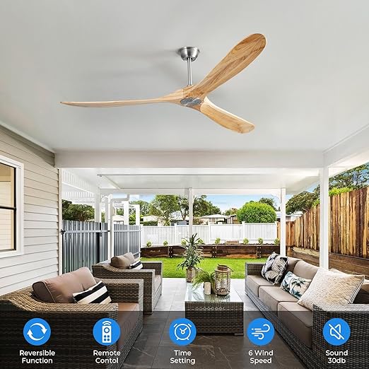 Ceiling Fan No Light, 72 Inch Natural Solid Wood Blades, 6 Speeds, Timer Function, Quiet Motor, Indoor Large Ceiling Fan for Living Room, Patio, Bedroom, Farmhouse Style