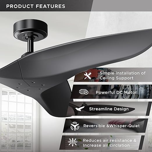 ARC 52 Inch Modern Black Ceiling Fan with Remote, No Light, Reversible 3 Blades, DC Motor